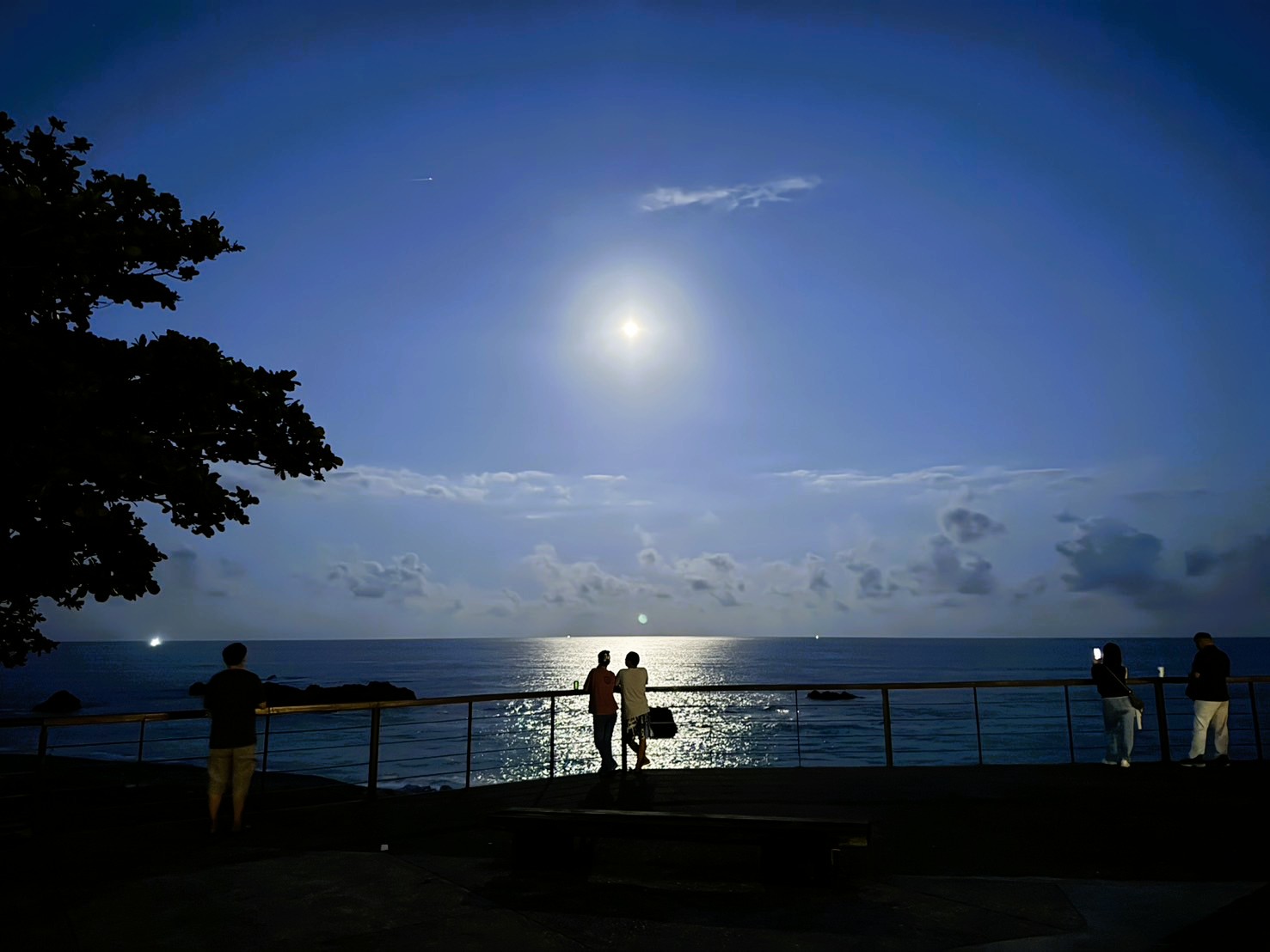 觀景台欄杆旁倚立凝望浩瀚海景的民眾,在月光下交疊成溫馨剪影